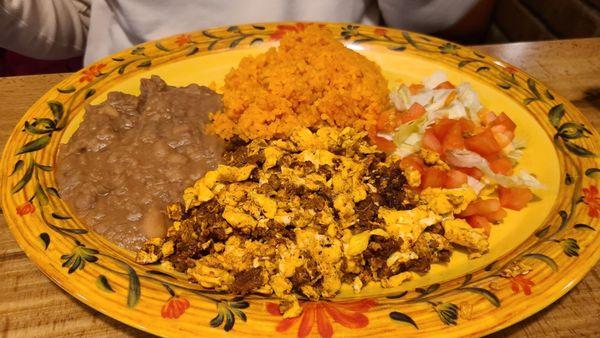 Chorizo and eggs plate. Tortillas not pictured.