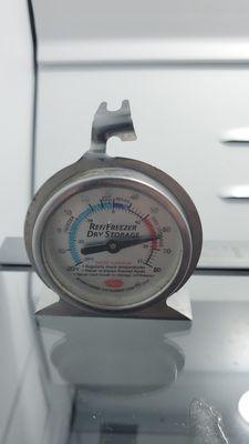 A thermometer showing how useless my giant paperweight is.  A freezer compartment should be about 60 degrees cooler.