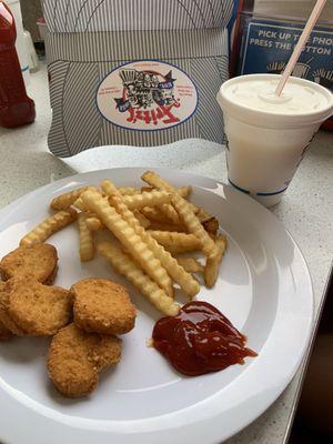 Kids meal of chicken, McNuggets and fries with a choice of a drink