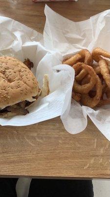 Bacon cheeseburger and perfect onion rings