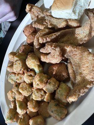 Fried Catfish, fried okra, and hushpuppies