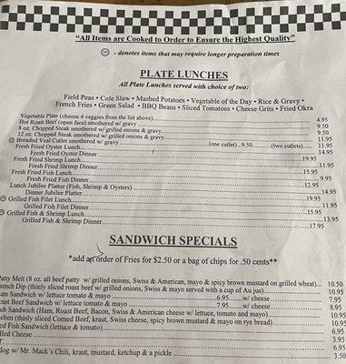 Plate Lunch/ Dinner Menu + Sandwich Specials