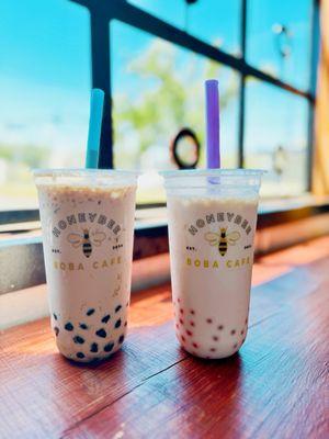 Black Milk Tea w/ Brown Sugar Boba & Jasmine Milk Tea w/ Strawberry & Lychee Popping Bobba