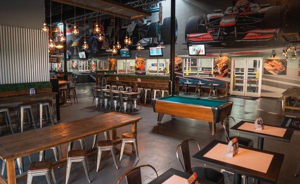 The Paddock Lounge inside K1 Speed serves delicious food and refreshing beverages