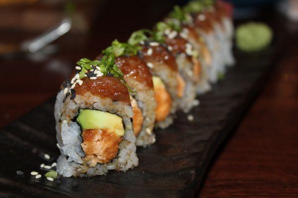 The Angry Scorpion Roll is made with spicy tuna, crab, avocado, cucumber & sesame.