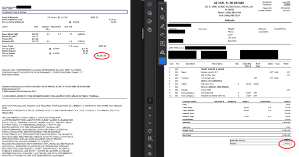 Comparison of Global Auto Repair's estimate and another estimate for the same repair.