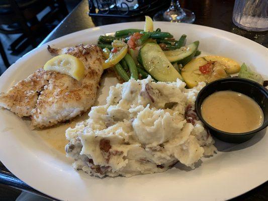 Coconut grouper with garlic mash and veggies