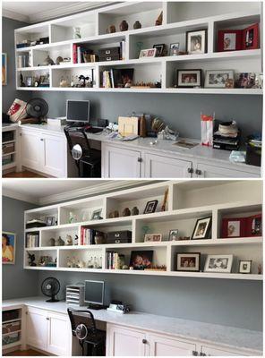 living room office before & after - experience how clean & airy it feels after we declutter surfaces!