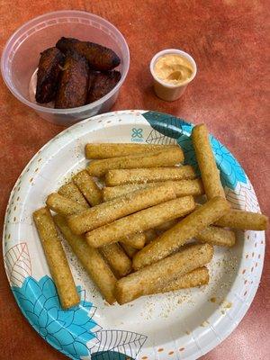 I'm a veg BOOM, SweetFriedPlantains & Yuca don't need to be left out due to the Pastelitos and Potatoes balls have meat in them.