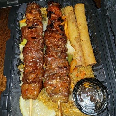 BBQ sticks and pancit with lumpia