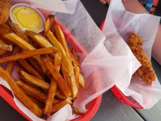 My daughter's fries and corn dogs and the tenders for my son.