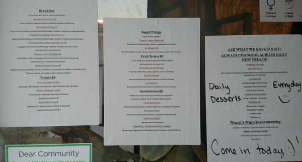 Menu sheets posted on a window