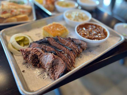 BBQ brisket with a side of mac n beans