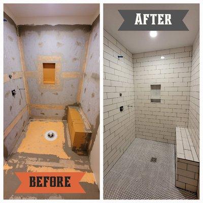 Wheelchair Accessible Tile Shower Surround Replacement Before & After