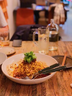 Wan Tan Men Ramen Noodles and TOKI highball (Suntory TOKI Japanese whiskey with highly carbonated)