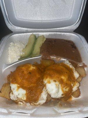 Eggs potatoes with refried beans