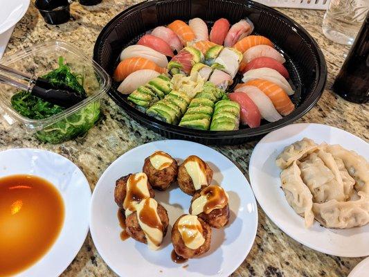 Sushi for 2, seaweed salad, takoyaki, pork gyoza. 2/25/21