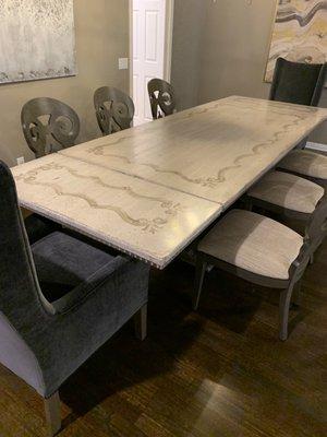 Jordan Bellarte side chairs, Halstead dining arm chairs and Bellarte Cerea 86" x 44" dining table in Antico finish