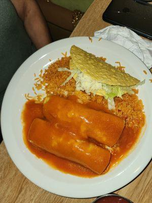 Two Enchiladas, Taco & Spanish Rice