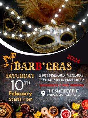 Saturday Feb 10th, The Worlds Best BBQ meets Louisiana Mardi Gras to form a one of kind experience BarB'Gras 2024!