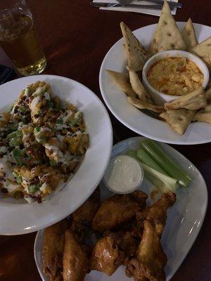 Loaded fries, cedar chicken wings, Buffalo chicken dip