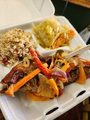 Escovitch snapper with rice & peas & cabbage!