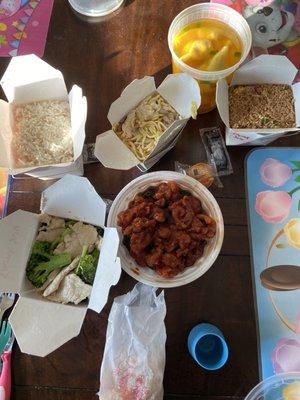 Wonton soup, chicken and broccoli, orange chicken with white rice, house fried rice, and chicken lo main and crispy noodles in the bag!