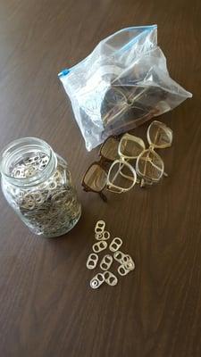 We collect tabs for the Ronald McDonald House in Pensacola, Florida.
 We also collect used eyeglasses for the Lions Clubs Int...