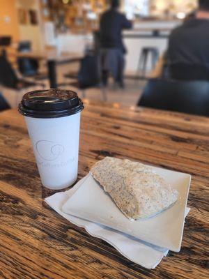 Matcha latte and poppy seed scone