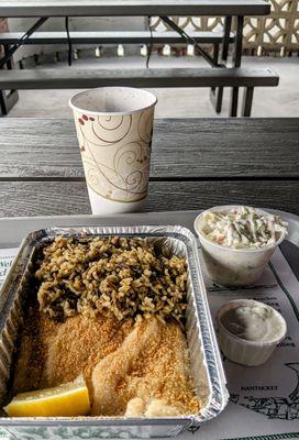 Broiled Haddock Platter with coleslaw and rice pilaf. Fountain Soda. Delicious.