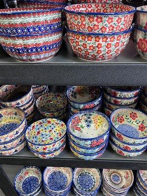 Shelves of Polish pottery bowls