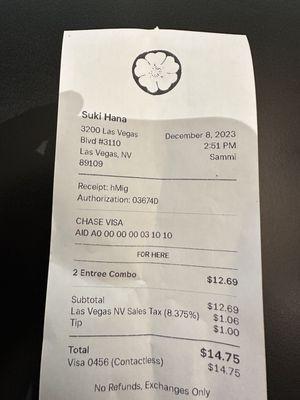 Receipt that shows 2 entrees