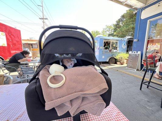 Baby boy's first food pod experience. Nice day for a post doctor's appt quick food outing.