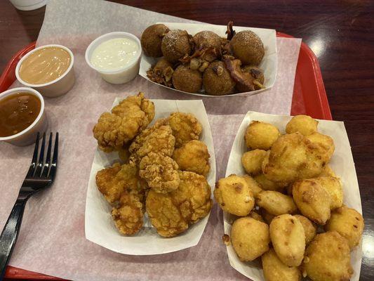 Pick 3: boneless wings, maple bacon doughnut holes, and famous fried cheese blobs