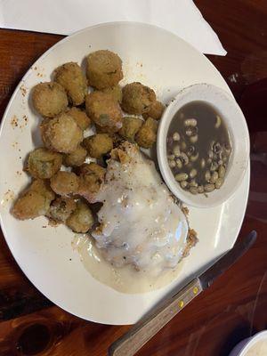 Small CFS, fried okra, and purple hull peas