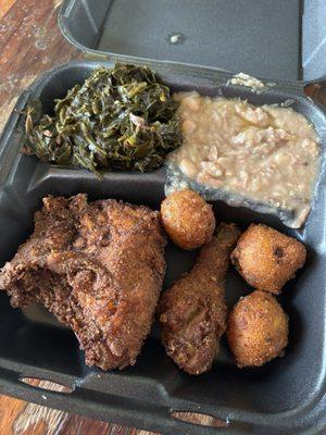 Fried chicken, greens, white beans and hush puppies