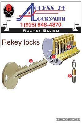 Rekey locks is eliminating the old key and making a new key work. Save $$$ by rekeying instead of replacing the lock.