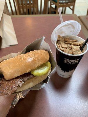 Single cheeseburger and Cinnamon Toast Crunch shake