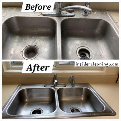 - The sink is sparkling clean, free of soap scum, food residue, and stains.
- Grime and dirt around the drain and faucet have been removed.