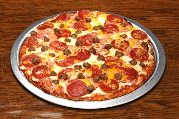 Rusty's Meat Mania - Canadian style bacon, pepperoni, sausage & extra cheese.