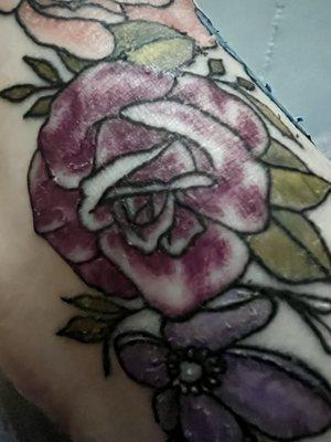 I asked for a dark red rose, light pink peony, light blue butterfly and small light purple flowers.