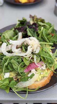 Avocado toast with a huge salad