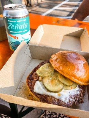 Zenata Mexican Amber Lager and burger from Animales Food Truck