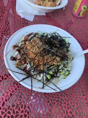 Bowl with white rice, ahi tuna, seaweed salad, edamame, masago, furikake, fried shallots, nori, house fried chili oil