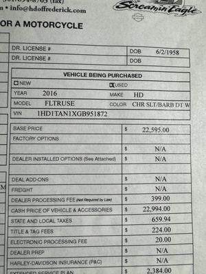 Close up photo of the $22,595 sales price that Michael Vintucci dealership charged me for the $17,999 bike