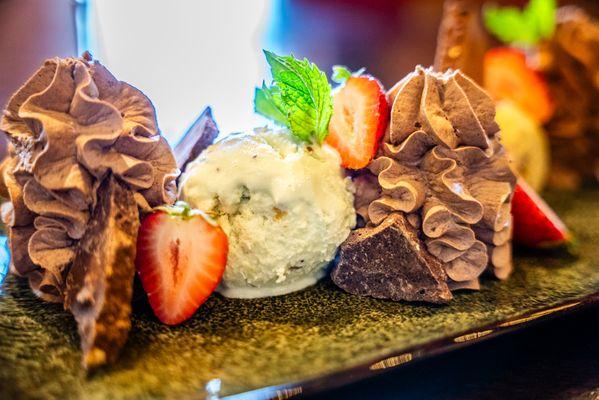 Deconstructed Chocolate Mousse , Pistachio Ice-cream and Dark Chocolate Pistachio Bark, Fresh Berries.