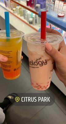 mango tea with strawberry boba  and strawberry& cream with strawberry boba