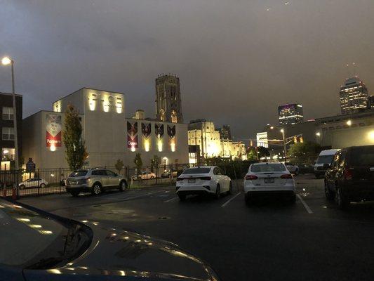 Nighttime view of the theater from parking lot