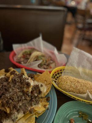 Elote, Carnitas Tacos and Nachos- whole