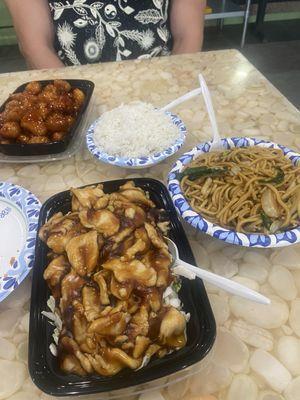 Teriyaki chicken with lo mein/ white rice, orange chicken